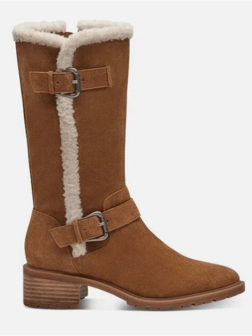 Lucky Brand Tan Suede Shearling-Trim Mid-Calf Boots with Buckles